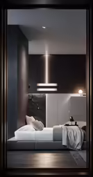 a bedroom with black and white decor, including a bed