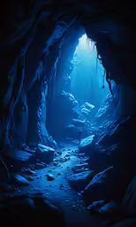 there is blue light coming from the entrance to the cave