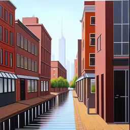 a painting of some buildings and water in front of them