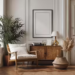 the view of a living room with a potted plant in front of a mirror