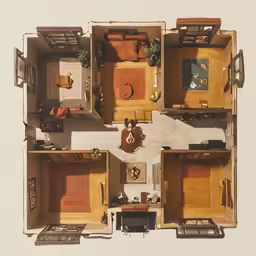 an overhead view of a tiny apartment with several rooms
