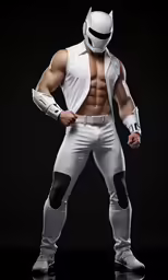 a male model with an open chest and a white costume