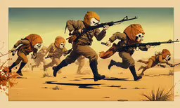 a group of skeletons running with guns,three soldiers are running with their guns and wearing face paint
