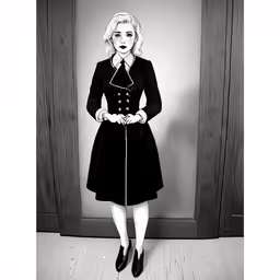 an old photo of a woman dressed in all black