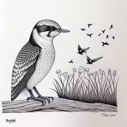 a bird sits on the limb while flying birds,a drawing of a bird sitting on a piece of wood next to flying birds