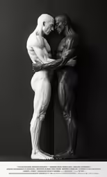 two men standing up against a wall one with an arm out