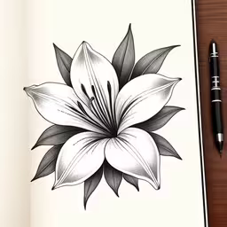 a book with a black and white flower on it,a black and white picture of a lily,black and white flower with green leaves on it,a sketch book with a flower on the pages,black and white drawing of a lily