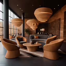 the large lounge features several high - vaulted, curved seats and low ceiling lights