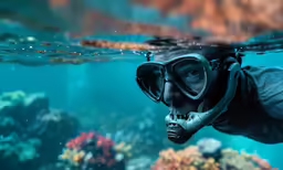 a scuba diver underwater over coral reef with his breathing device