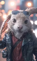 a stuffed animal wearing sunglasses and a jacket