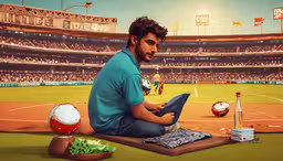 man on a tennis court using a laptop,an artist sitting on a baseball field at a stadium
