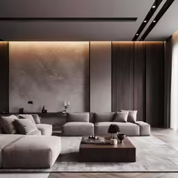 the couch is next to the table and walls