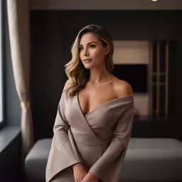 woman wearing a light gray dress in front of windows