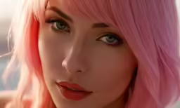 a close - up image of a beautiful, young woman with pink hair