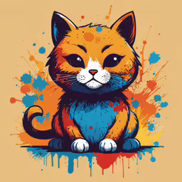 a cartoon cat on an orange background,a little orange and blue cat with splatters