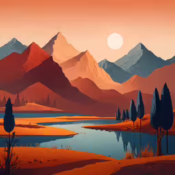 an abstract painting of a lake in a beautiful landscape,the mountain range is behind some trees and water