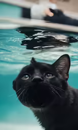 there is a black cat swimming in the water