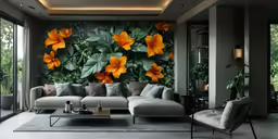a modern living room decorated with flowers and greenery