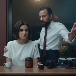 a woman sitting at a table next to a man in a suit and tie