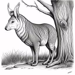 an illustration of a kangaroo standing beside a tree,a black and white drawing of an antelope near a tree
