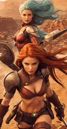 a woman in armor and an elf holding two swords