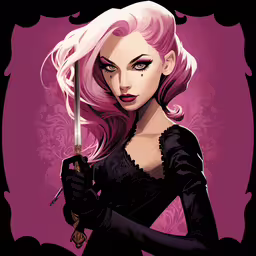 an image of a female gothic with pink hair holding a sword,the character from suicide scene, wearing black with pink hair