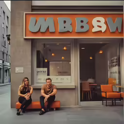 two people sit on orange benches outside a store