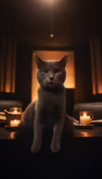 a cat sitting on top of a counter with lit candles