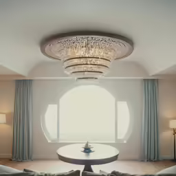 a round dining table surrounded by white walls