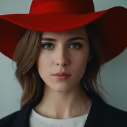 the young woman is wearing a red hat