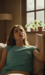 a woman is sitting on a couch, wearing a blue shirt