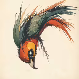an artistic painting of a bird with long colorful feathers