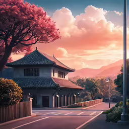 a sunset is shown as if in japan