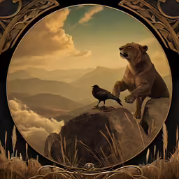 a bear and a crow are sitting on top of the rock