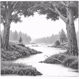 a drawing of trees that are by a lake