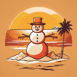 a cartoon snowman on the beach has the beach scene in the background,a snow man with a hat standing on top of a beach