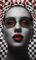 a woman wearing glasses and red lipstick poses for a portrait