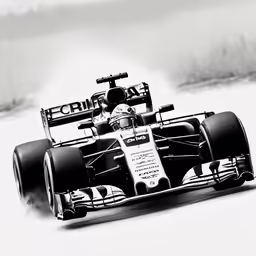 an alfa car driving on the snow, in black and white