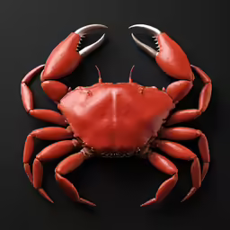 a red crab on black with one eye open and another shell turned down