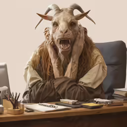 a giant demon sitting in an office chair with his hands on the head
