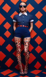 a woman with very large breast stands next to red and blue wall