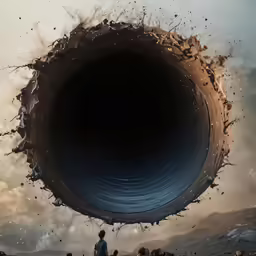 a very strange photo of some people looking at a big hole