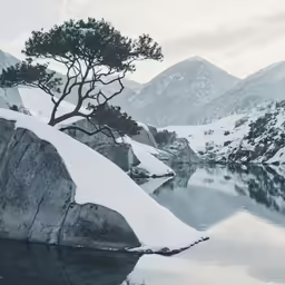 a lake surrounded by snow covered mountains with trees in the foreground