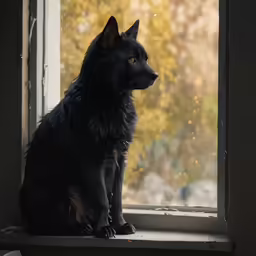 a dog sitting on a window sill staring out the window