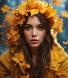 an attractive woman wearing a wreath of flowers,a woman with yellow flowers on her head