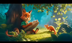 a red fox in the forest with an egg in his paws