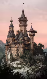 a medieval castle with lights on sitting on top of a hill