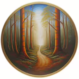 a painting of a sunset in a wooded area,a painting of an outside path surrounded by trees,painting of trees and a road in the woods,a painting of a forest with a path through it,a painting with a pathway in the woods