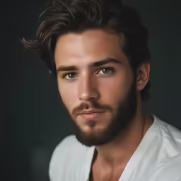 man with goatee and beard looking straight ahead