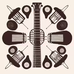 an image of an acoustic guitar with some other musical instruments surrounding it